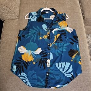 Liz Claiborne Dark Teal Gold Floral Sleeveless Button-Up Blouse Size Large